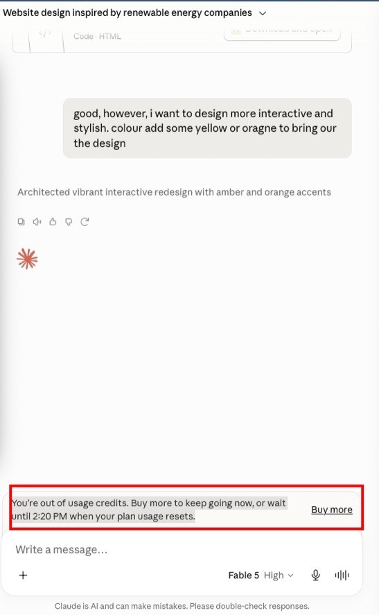 Screenshot of her design chat: an instruction asking for a more interactive, stylish design with yellow and orange accents, and at the bottom a red-boxed banner saying she is out of usage credits.